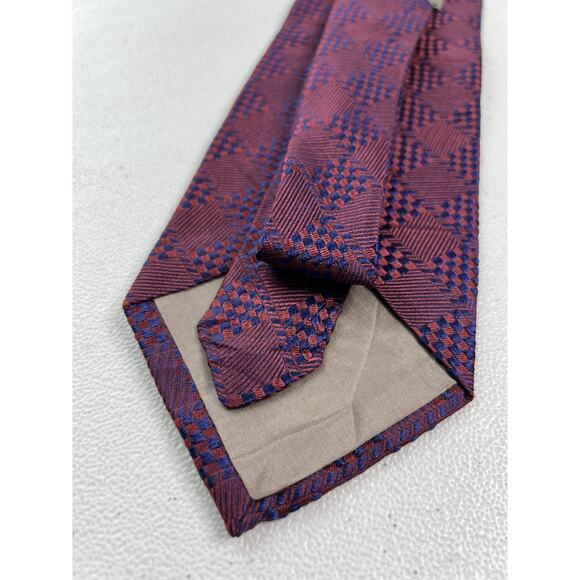 Calvin Klein Blue and Burgundy Geometric Woven Pattern 100% Silk Tie - Picture 6 of 7